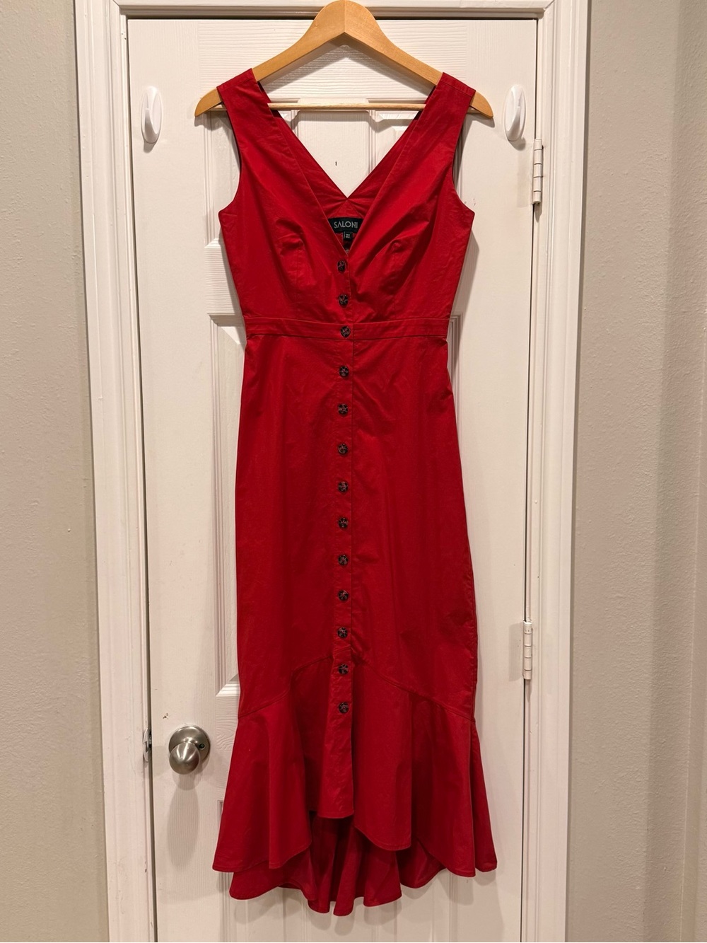 SALONI Zoey Cut Out Cotton Poplin Midi Dress Fluted Hem Red Button Down V Neck 4 - Picture 3 of 12